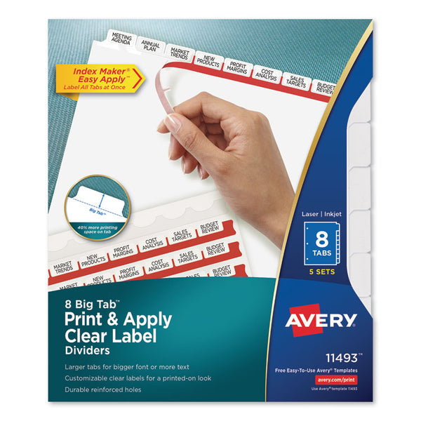 Avery® Print and Apply Index Maker Clear Label Dividers, Big Tab, 8-Tab, 11 x 8.5, White, 5 Sets (AVE11493)