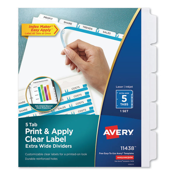 Avery® Print and Apply Index Maker Clear Label Dividers, Extra Wide Tab, 5-Tab, White Tabs, 11.25 x 9.25, White, 1 Set (AVE11438)