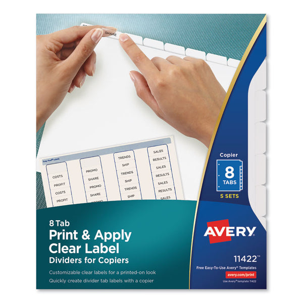 Avery® Print and Apply Index Maker Clear Label Dividers, Copiers, 8-Tab, 11 x 8.5, White, 5 Sets (AVE11422)