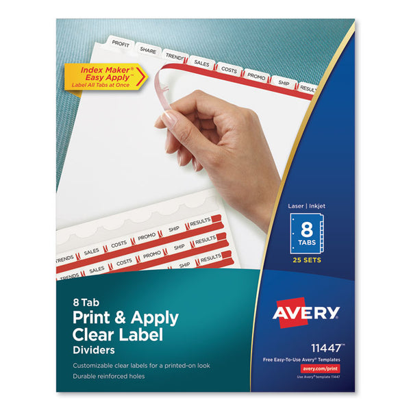 Avery® Print and Apply Index Maker Clear Label Dividers, 8-Tab, 11 x 8.5, White, 25 Sets (AVE11447)