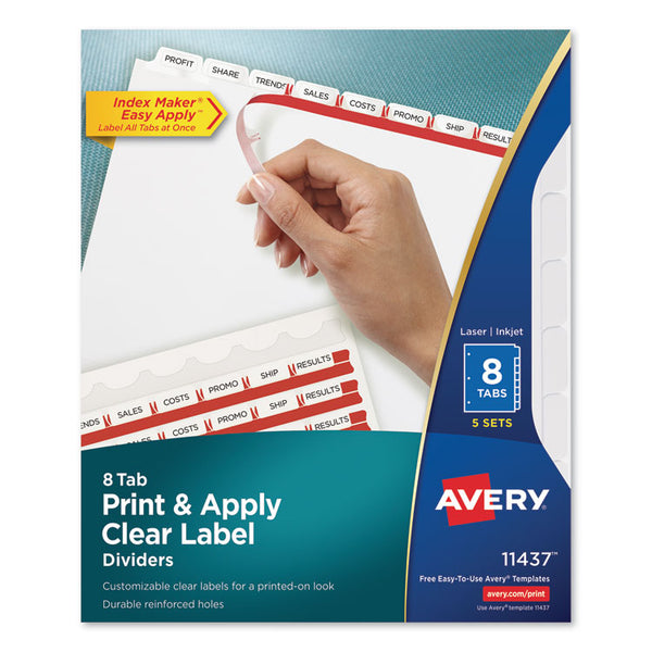 Avery® Print and Apply Index Maker Clear Label Dividers, 8-Tab, 11 x 8.5, White, 5 Sets (AVE11437)