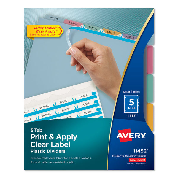 Avery® Print and Apply Index Maker Clear Label Plastic Dividers with Printable Label Strip, 5-Tab, 11 x 8.5, Assorted Tabs, 1 Set (AVE11452)