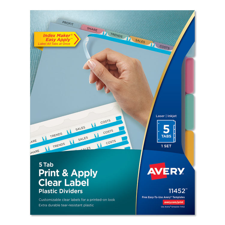 Avery® Print and Apply Index Maker Clear Label Plastic Dividers with Printable Label Strip, 5-Tab, 11 x 8.5, Assorted Tabs, 1 Set (AVE11452)