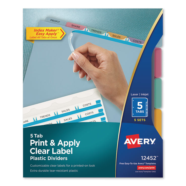 Avery® Print and Apply Index Maker Clear Label Plastic Dividers with Printable Label Strip, 5-Tab, 11 x 8.5, Assorted Tabs, 5 Sets (AVE12452)