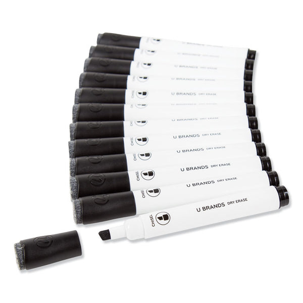 U Brands Chisel Tip Low-Odor Dry-Erase Markers with Erasers, Broad Chisel Tip, Black, Dozen (UBR2925U0112)