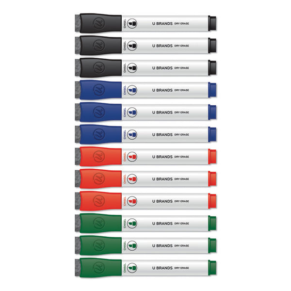 U Brands Chisel Tip Low-Odor Dry-Erase Markers with Erasers, Broad Chisel Tip, Assorted Colors, 12/Pack (UBR3981U0112)