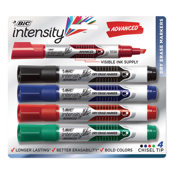 BIC Intensity Tank-Style Advanced Dry Erase Marker, Broad Bullet Tip, Assorted, 4/Pack (BICGELITP41AST)