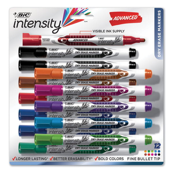 BIC® Intensity Advanced Dry Erase Marker, Pocket-Style, Medium Bullet Tip, Assorted Colors, Dozen (BICGELIPP121AST)