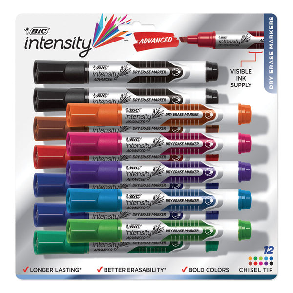 BIC® Intensity Advanced Dry Erase Marker, Tank-Style, Broad Chisel Tip, Assorted Colors, Dozen (BICGELITP121AST)