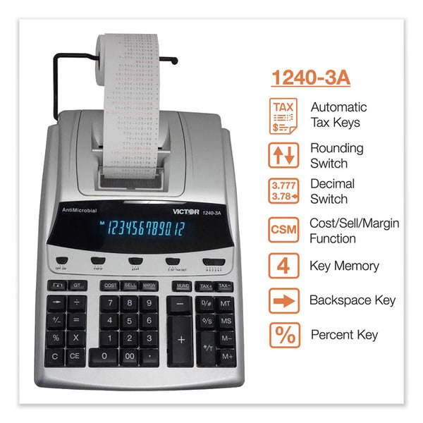 Victor® 1240-3A Antimicrobial Printing Calculator, Black/Red Print, 4.5 Lines/Sec (VCT12403A)