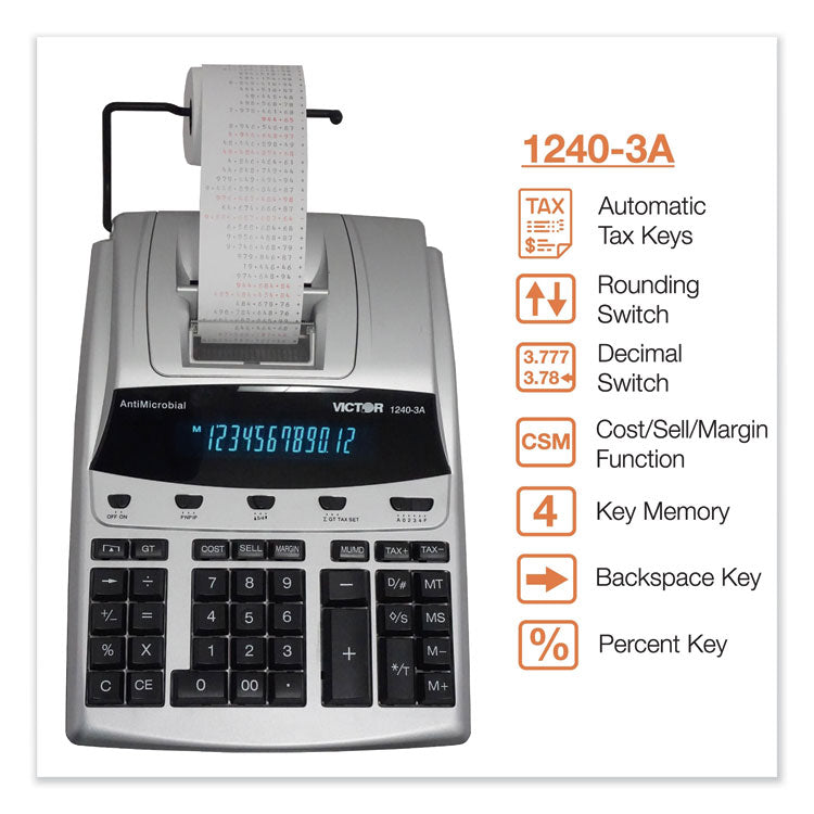 Victor® 1240-3A Antimicrobial Printing Calculator, Black/Red Print, 4.5 Lines/Sec (VCT12403A) Each