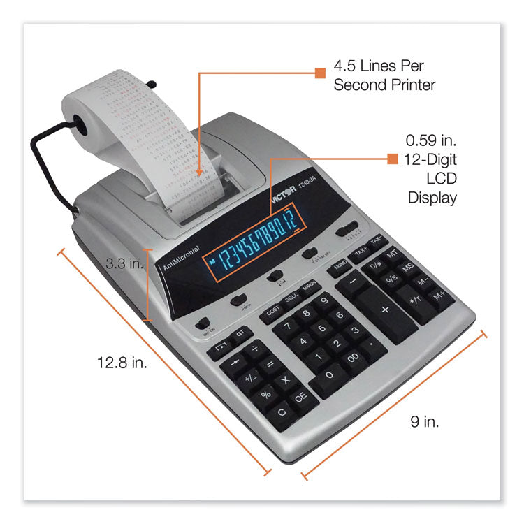 Victor® 1240-3A Antimicrobial Printing Calculator, Black/Red Print, 4.5 Lines/Sec (VCT12403A) Each