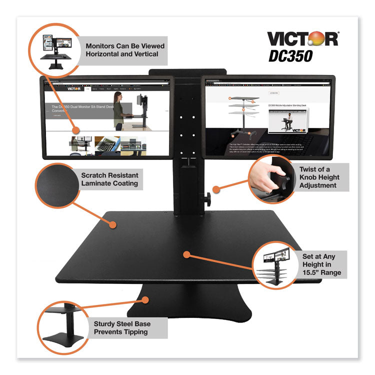 Victor® High Rise Dual Monitor Standing Desk Workstation, 28" x 23" x 10.5" to 15.5", Black (VCTDC350A) Each