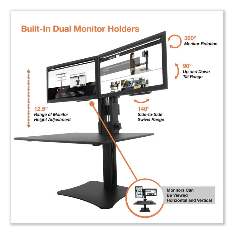 Victor® High Rise Dual Monitor Standing Desk Workstation, 28" x 23" x 10.5" to 15.5", Black (VCTDC350A) Each