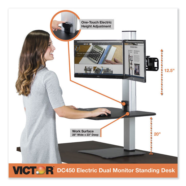 Victor® High Rise Electric Dual Monitor Standing Desk Workstation, 28" x 23" x 20.25", Black/Aluminum (VCTDC450)