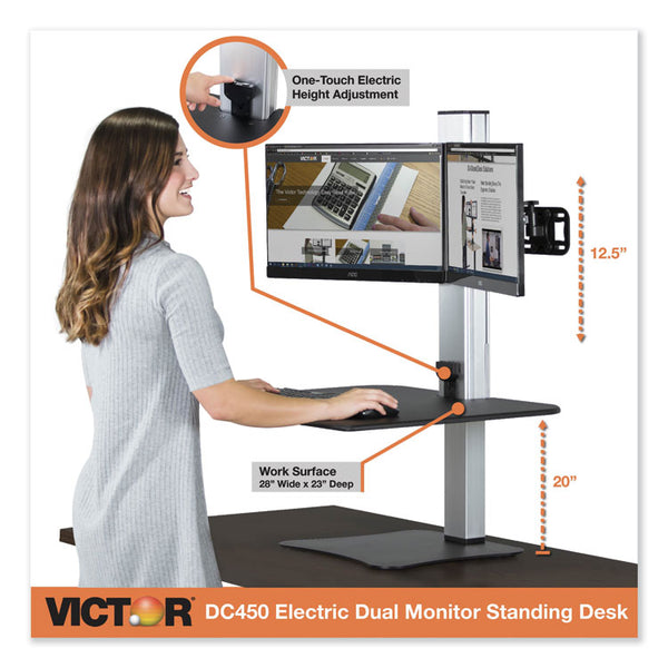 Victor® High Rise Electric Dual Monitor Standing Desk Workstation, 28" x 23" x 20.25", Black/Aluminum (VCTDC450) Each