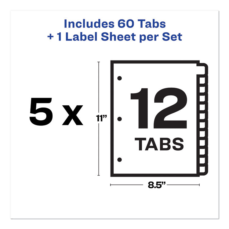 Avery® Print and Apply Index Maker Clear Label Dividers, 12-Tab, White Tabs, 11 x 8.5, White, 5 Sets (AVE11429)