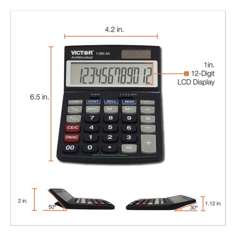 Victor® 1180-3A Antimicrobial Desktop Calculator, 12-Digit LCD (VCT11803A) Each