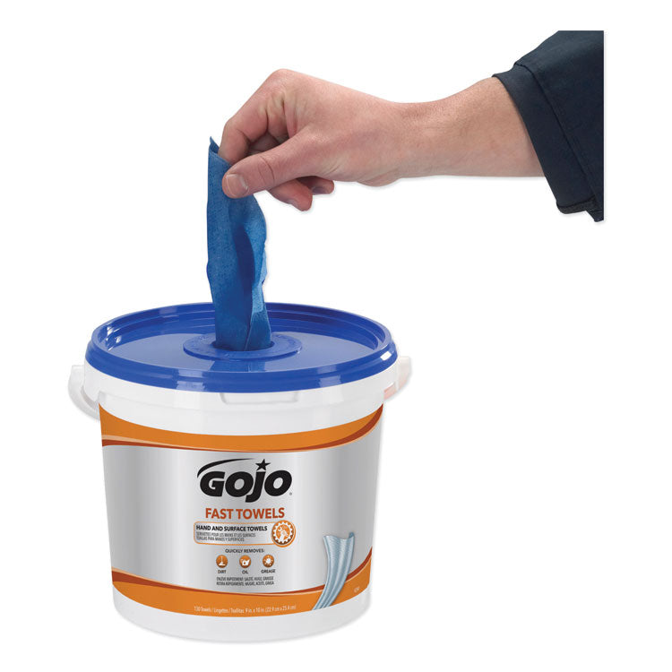 GOJO® FAST TOWELS Hand Cleaning Towels, 7.75 x 11, Fresh Citrus, Blue, 130/Bucket, 4 Buckets/Carton (GOJ6298)