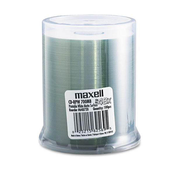 Maxell® CD-R Printable Recordable Disc, 700 MB/80 min, 48x, Spindle, Matte White, 100/Pack (MAX648720) Each