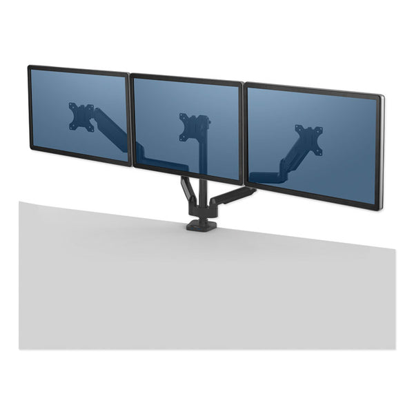 Fellowes® Platinum Series Triple Monitor Arm for 27" Monitors, 360 deg Rotation, +85/-20 deg Tilt, 360 deg Pan, Black, Supports 20 lb (FEL8042601)