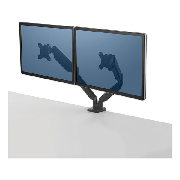 Fellowes® Platinum Series Dual Monitor Arm for 27" Monitors, 360 deg Rotation, +85 deg/-20 deg Tilt, 360 deg Pan, Black, Supports 20 lb (FEL8042501)