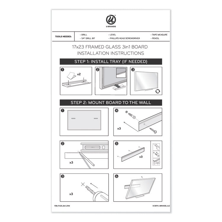 U Brands 3N1 Magnetic Glass Dry Erase Combo Board, 35 x 14.25, Week View, White Surface and Frame (UBR3199U0001) Each