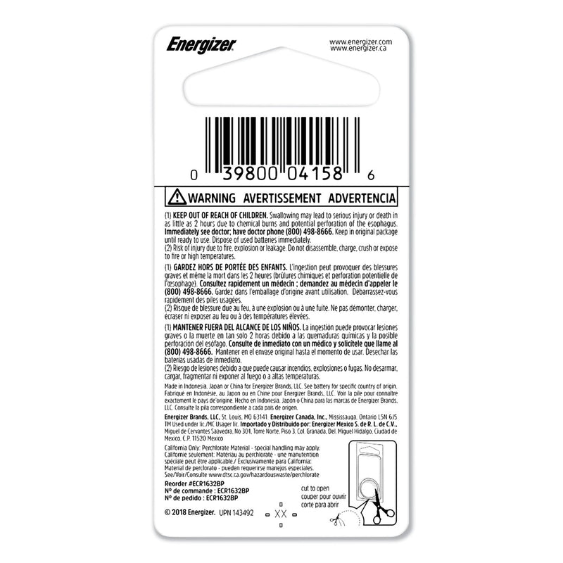 Energizer® 1632 Lithium Coin Battery, 3 V (EVEECR1632BP) Each