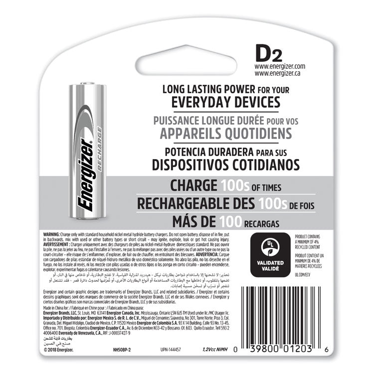 Energizer® NiMH Rechargeable D Batteries, 1.2 V, 2/Pack (EVENH50BP2) Pack of 2