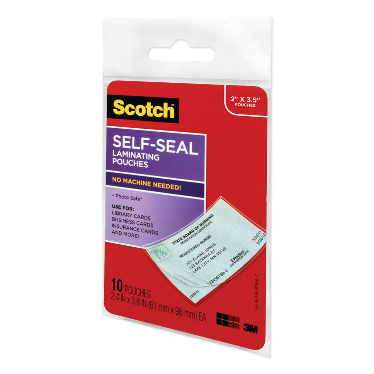 Scotch™ Self-Sealing Laminating Pouches, 9 mil, 3.8" x 2.4", Gloss Clear, 10/Pack (MMMLS85110G)