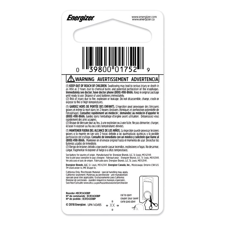 Energizer® 2430 Lithium Coin Battery, 3 V (EVEECR2430BP) Each