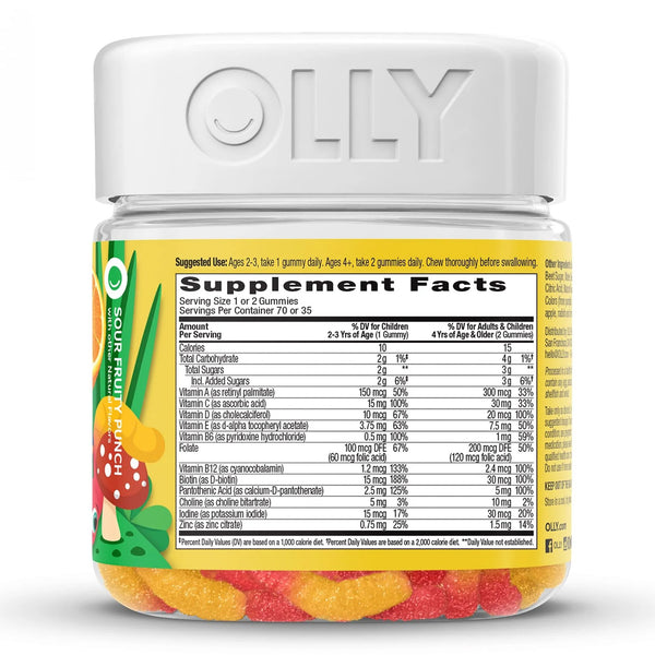 OLLY® Kids Multi Gummy Worms Dietary Supplement Vitamin A / B6 / B12 / C / D / E / Zinc 150 mcg - 0.5 mg - 1.2 mcg - 15 mg - 10 mcg - 3.75 mg - 0.75 mg Strength Gummy 70 per Bottle Sour Fruity Punch Flavor (1249517_BT) 1/BT