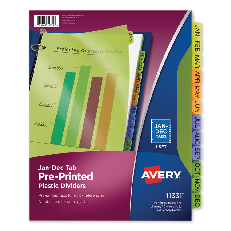 Avery® Durable Preprinted Plastic Tab Dividers, 12-Tab, Jan. to Dec., 11 x 8.5, Assorted, 1 Set (AVE11331)