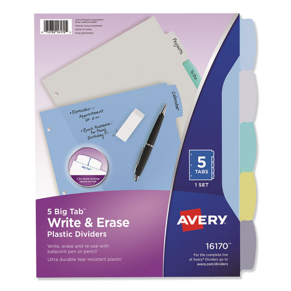Avery® Write and Erase Big Tab Durable Plastic Dividers, 3-Hole Punched, 5-Tab, 11 x 8.5, Assorted, 1 Set (AVE16170)