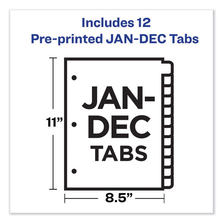 Avery® Durable Preprinted Plastic Tab Dividers, 12-Tab, Jan. to Dec., 11 x 8.5, Assorted, 1 Set (AVE11331)
