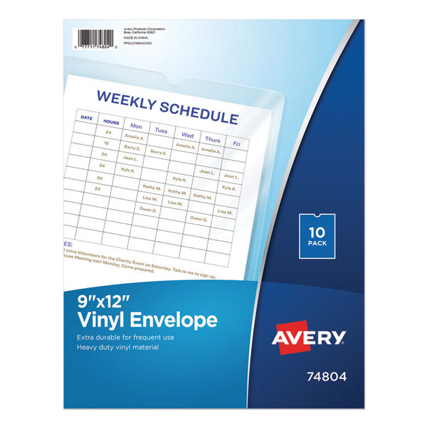 Avery® Top-Load Clear Vinyl Envelopes w/Thumb Notch, 9” x 12”, Clear, 10/Pack (AVE74804)