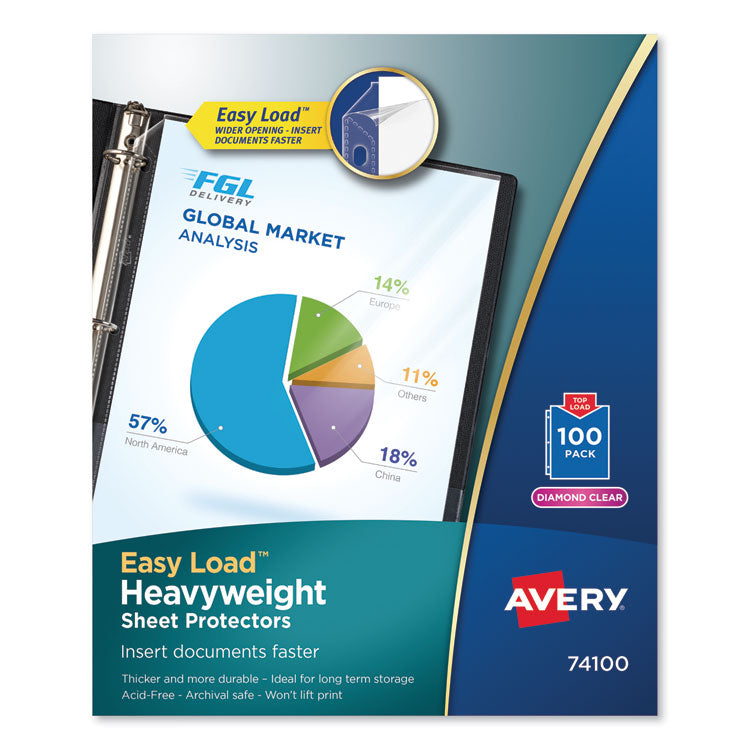 Avery® Top-Load Poly Sheet Protectors, Heavy Gauge, Letter, Diamond Clear, 100/Box (AVE74100)