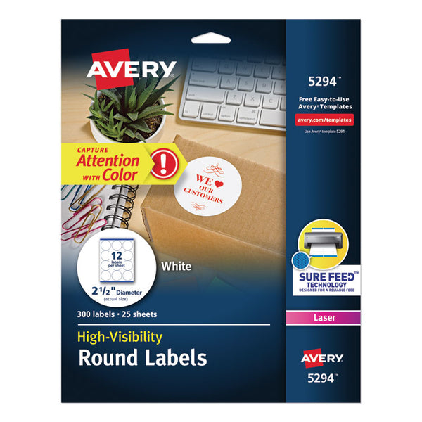 Avery® Permanent Laser Print-to-the-Edge ID Labels w/SureFeed, 2 1/2"dia, White, 300/PK (AVE5294)