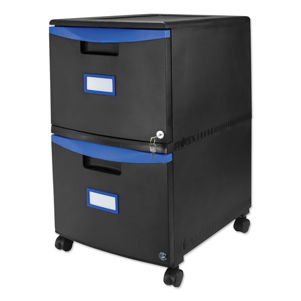 Storex Two-Drawer Mobile Filing Cabinet, 2 Legal/Letter-Size File Drawers, Black/Blue, 14.75" x 18.25" x 26" (STX61314U01C)