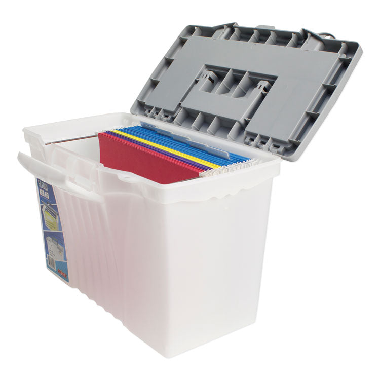 Storex Portable Letter/Legal Filebox with Organizer Lid, Letter/Legal Files, 14.5" x 10.5" x 12", Clear/Silver (STX61511U01C) Each