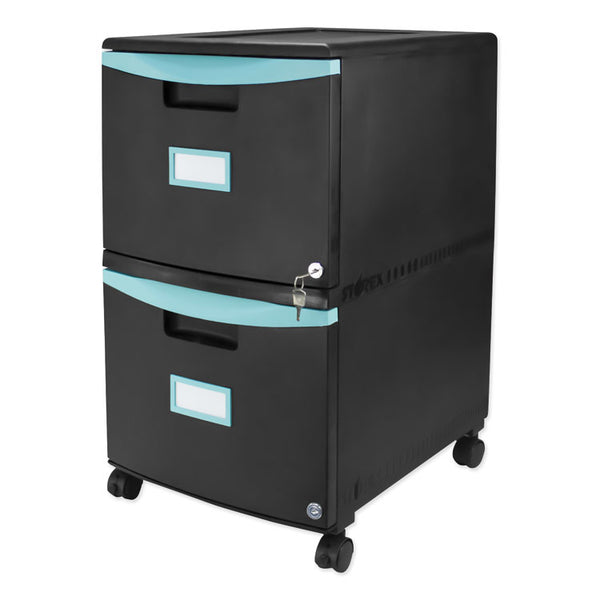 Storex Two-Drawer Mobile Filing Cabinet, 2 Legal/Letter-Size File Drawers, Black/Teal, 14.75" x 18.25" x 26" (STX61315U01C)