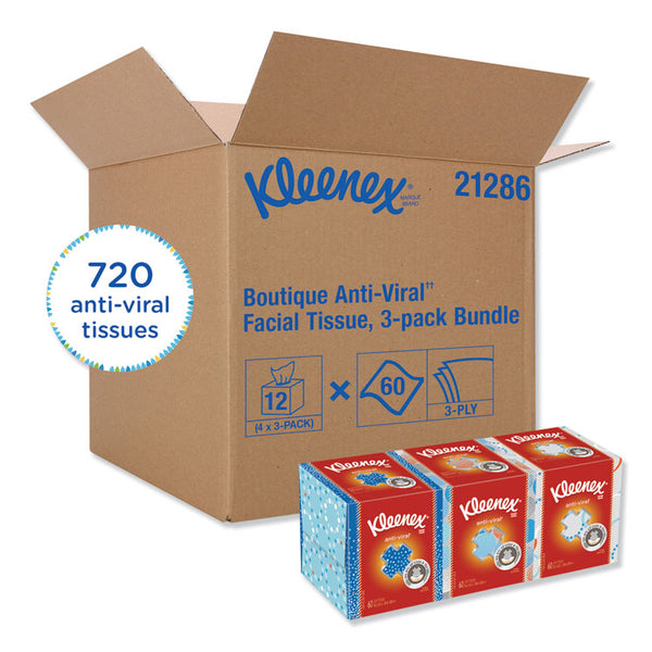 Kleenex® Boutique Anti-Viral Facial Tissue, 3-Ply, White, Pop-Up Box, 60 Sheets/Box, 3 Boxes/Pack, 4 Packs/Carton (KCC21286CT)