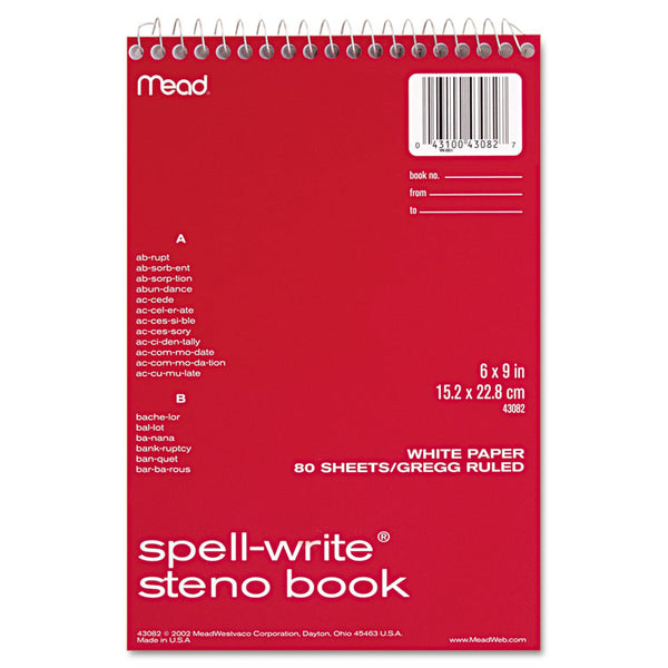 Mead® Spell-Write Wirebound Steno Pad, Gregg Rule, Randomly Assorted Cover Colors, 80 White 6 x 9 Sheets (MEA43082)