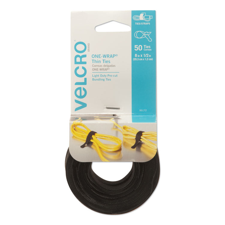 VELCRO® Brand ONE-WRAP Pre-Cut Thin Ties, 0.5" x 8", Black, 50/Pack (VEK95172) Pack of 50