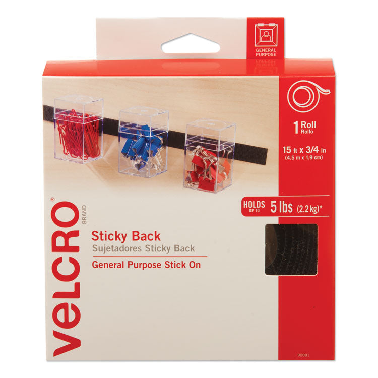 VELCRO® Brand Sticky-Back Fasteners with Dispenser, Removable Adhesive, 0.75" x 15 ft, Black (VEK90081)