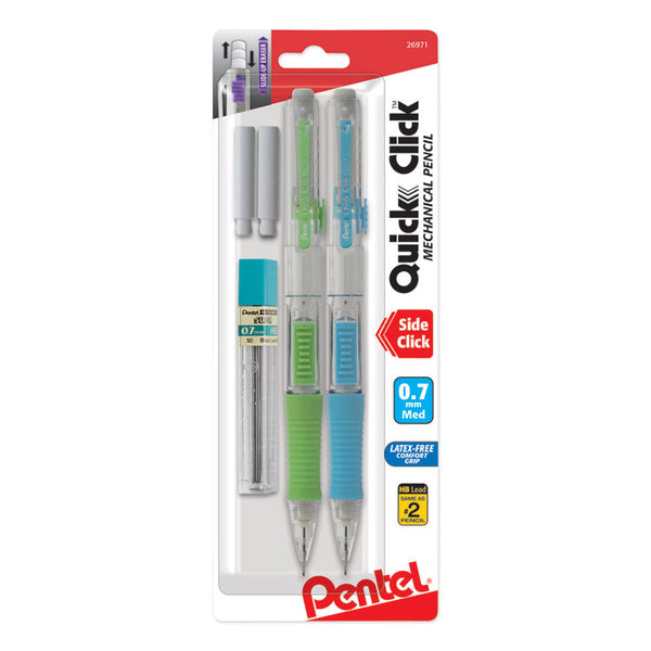 Pentel® QUICK CLICK Mechanical Pencils with Tube of Lead/Erasers, 0.7 mm, HB (#2), Black Lead, Assorted Barrel Colors, 2/Pack (PENPD217LEBP2)