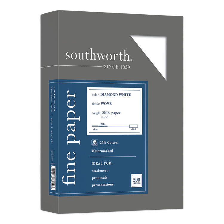 Southworth® 25% Cotton Diamond White Business Paper, 95 Bright, 20 lb Bond Weight, 8.5 x 11, 500/Ream (SOU3122010) Box of 500