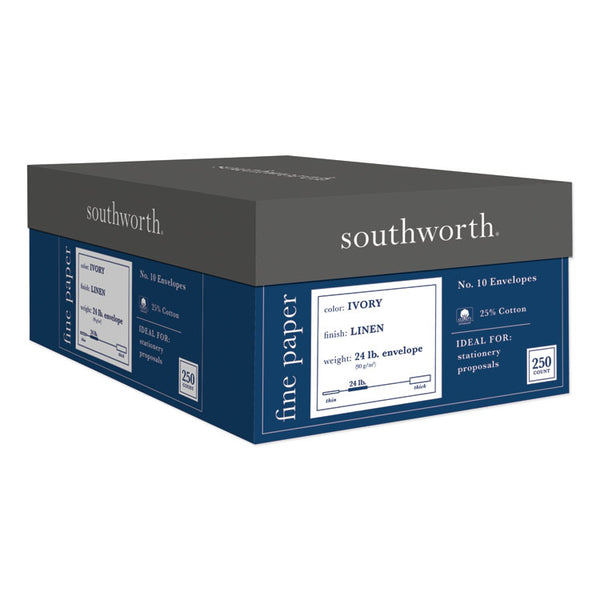 Southworth® 25% Cotton Linen #10 Envelope, Commercial Flap, Gummed Closure, 4.13 x 9.5, Ivory, 250/Box (SOUJ56410)