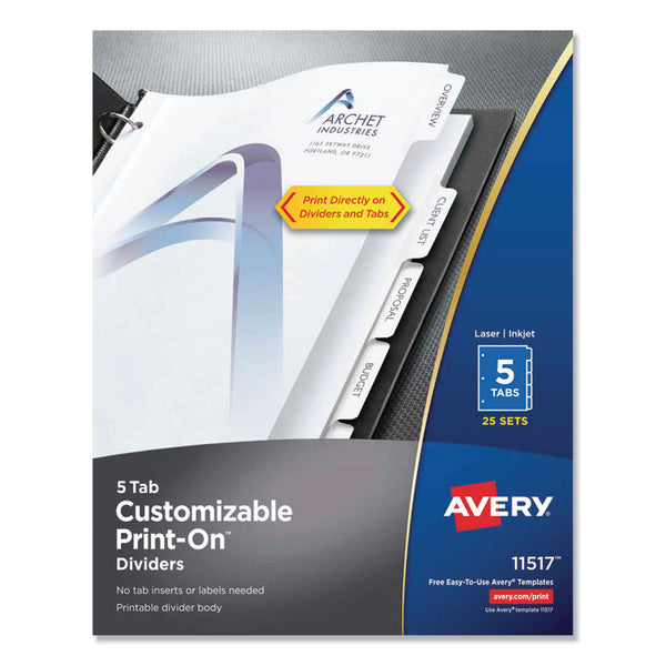 Avery® Customizable Print-On Dividers, 3-Hole Punched, 5-Tab, 11 x 8.5, White, 25 Sets (AVE11517)