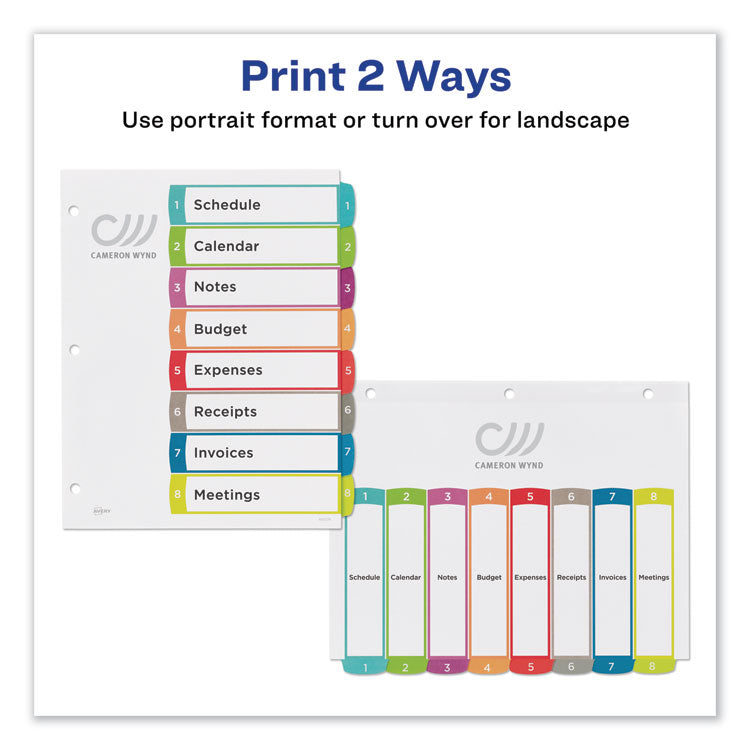 Avery® Customizable TOC Ready Index Multicolor Tab Dividers, 8-Tab, 1 to 8, 11 x 8.5, White, Contemporary Color Tabs, 1 Set (AVE11841)